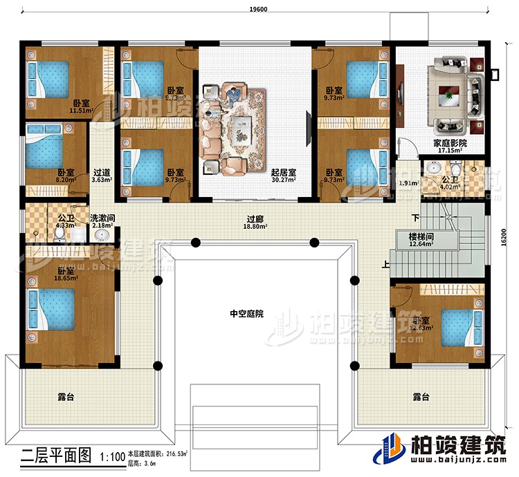 二层：过廊、楼梯间、中空庭院、起居室、8卧室、家庭影院、2公卫、洗漱间、过道、2露台